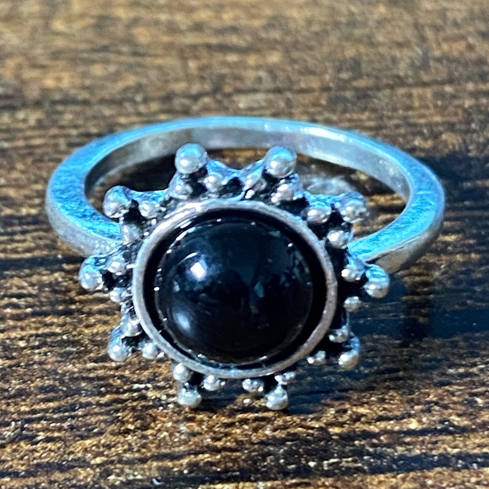 Boho Round Black Agate Burst Stainless Steel Women’s Ring Size 6
